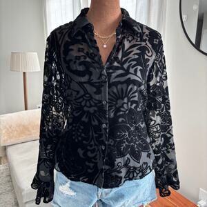 Vintage Y2K ICE Black Velvet Burnout Button Up Top Floral Pattern Petite Small
